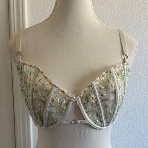 Victoria's Secret Sheer Underwire Bra with Yellow & Green Daisy Embroidery